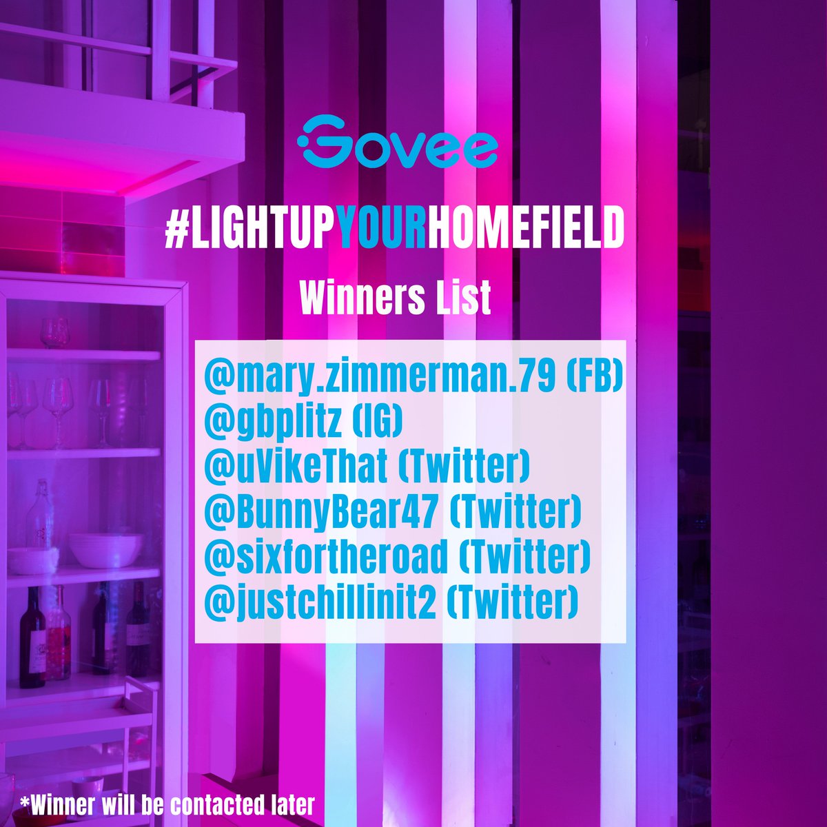 GoveeOfficial's tweet photo. Congrats to our #LightUpYourHomeField winners below!๐ Weโll contact each of you. Also @kyndalsmith1985 has won the $100 gift card๐
U didnโt win? Donโt worry! Post a pic/vid of who/what you love, with hashtag #RelightTheRomance to win our Romance Bundle worth $214!๐น#Contest https://t.co/Rhkz1P8a7N