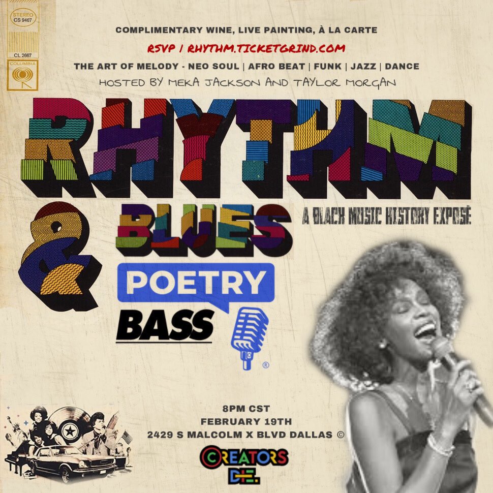 CreatorsDontDie's tweet photo. Dallas, don’t miss the launch of the new art of melody based series #RHYTHMAnd🎙🥀February 19th.

Tunes for the occasion - R&amp;B, Neo-Soul, Afrobeat, Funk &amp; Jazz.

Featuring Art exhibits, Complimentary wine, À La carte, Black music history exposé &amp; more!

🎟 https://t.co/6EQHwJ8phE https://t.co/vcv1e8xr6H