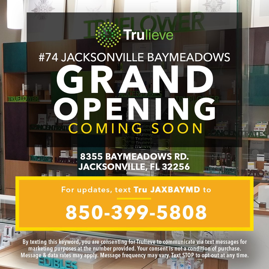 Trulieve's tweet photo. #74 is coming very soon to Jacksonville Baymeadows! 🎊📍
Sign up for text alerts by texting Tru JAXBAYMD to the number listed on the graphic📲 https://t.co/hRqX5kysbh