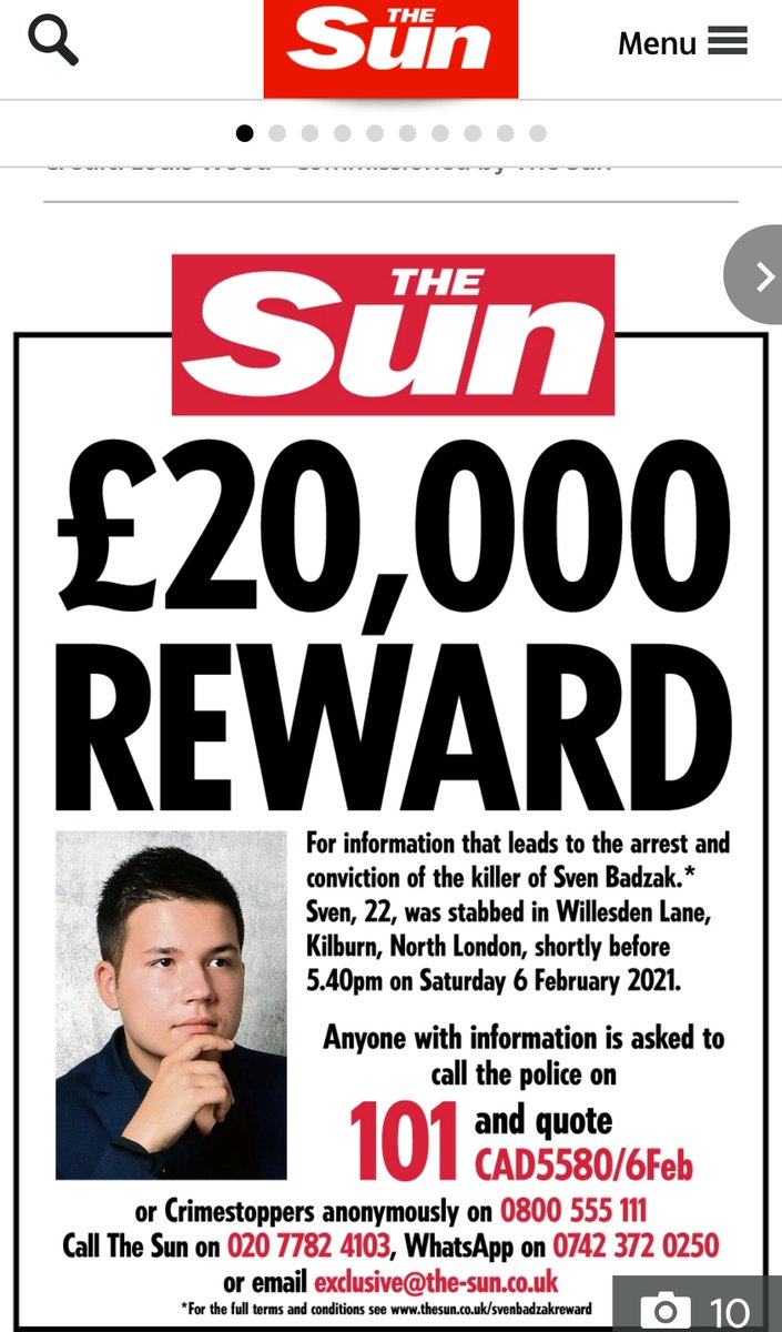 The Sun is now offering £20000 for information to the police, that leads to an arrest, about the murder on Willesden Lane. 😢