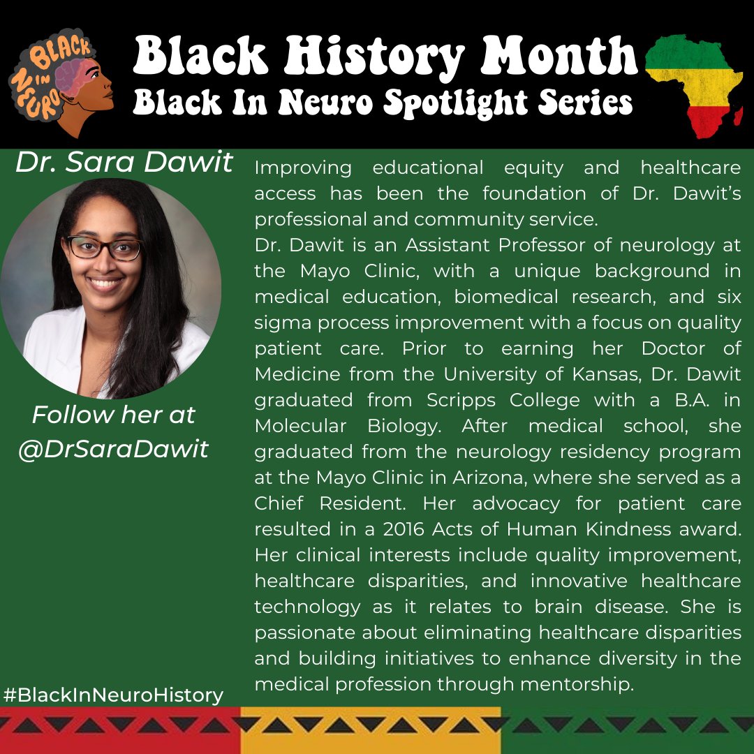Black In Neuro 🧠 (@blackinneuro) on Twitter photo #BlackInNeuroHistory: <a href="/DrSaraDawit/">Sara Dawit, M.D.</a>
*Neurologist <a href="/MayoClinic/">Mayo Clinic</a>
*Advocate for health disparities and diversity in the medical field
*2016 Acts of Human Kindness awardee #BlackInNeuroHistory: <a href="/DrSaraDawit/">Sara Dawit, M.D.</a>
*Neurologist <a href="/MayoClinic/">Mayo Clinic</a>
*Advocate for health disparities and diversity in the medical field
*2016 Acts of Human Kindness awardee