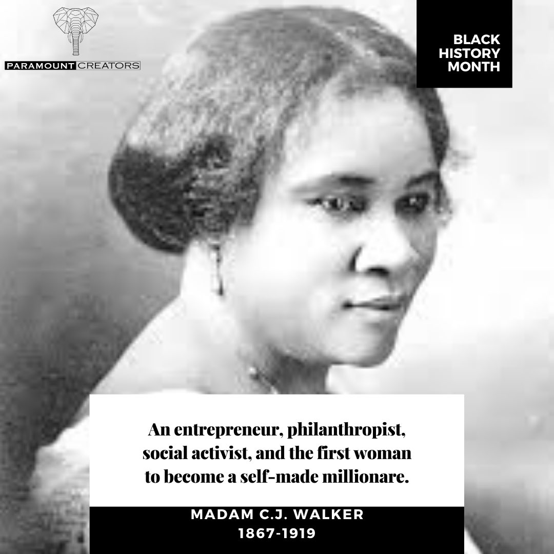 Paramountcreate's tweet image. Paramount Creators would like to honor Black History Month by recognizing a few groundbreaking black accomplishments! Today we recognize Madam C.J. Walker, who not only redefined black hair care, but was also the first self-made woman millionaire!