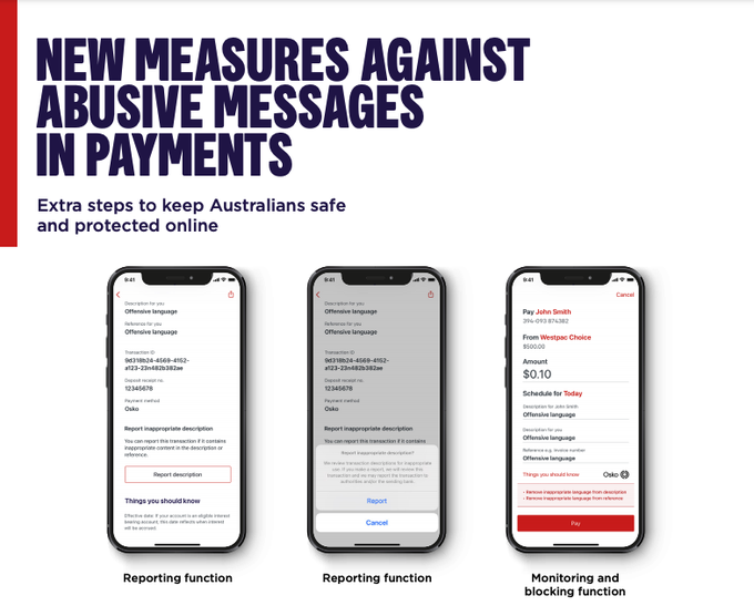 Today <a href="/Westpac/">Westpac Bank</a> introduce measures to make digital banking safer. This includes giving customers the ability to report abusive messages via online and mobile banking, and blocking inappropriate language from outgoing payments 👏 #SaferInternetDay

For info: westpac.com.au/about-westpac/…