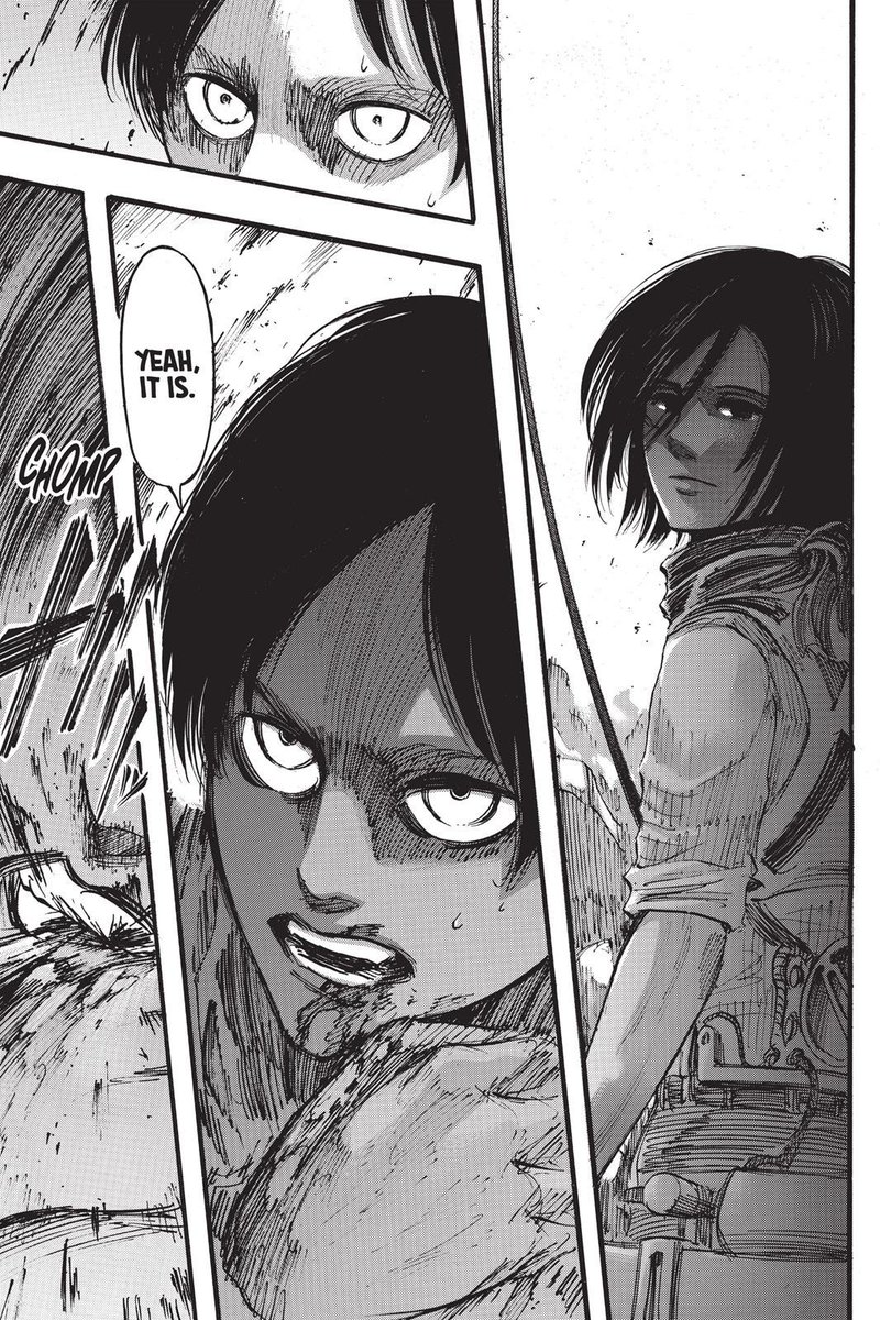 I mentioned it before but one of the core repeating ideas in AoT has been "the world is cruel, yet extremely beautiful". I think this is why Mikasa plays such a vital role, because Eren only ever saw the cruel part, unlike Mikasa.