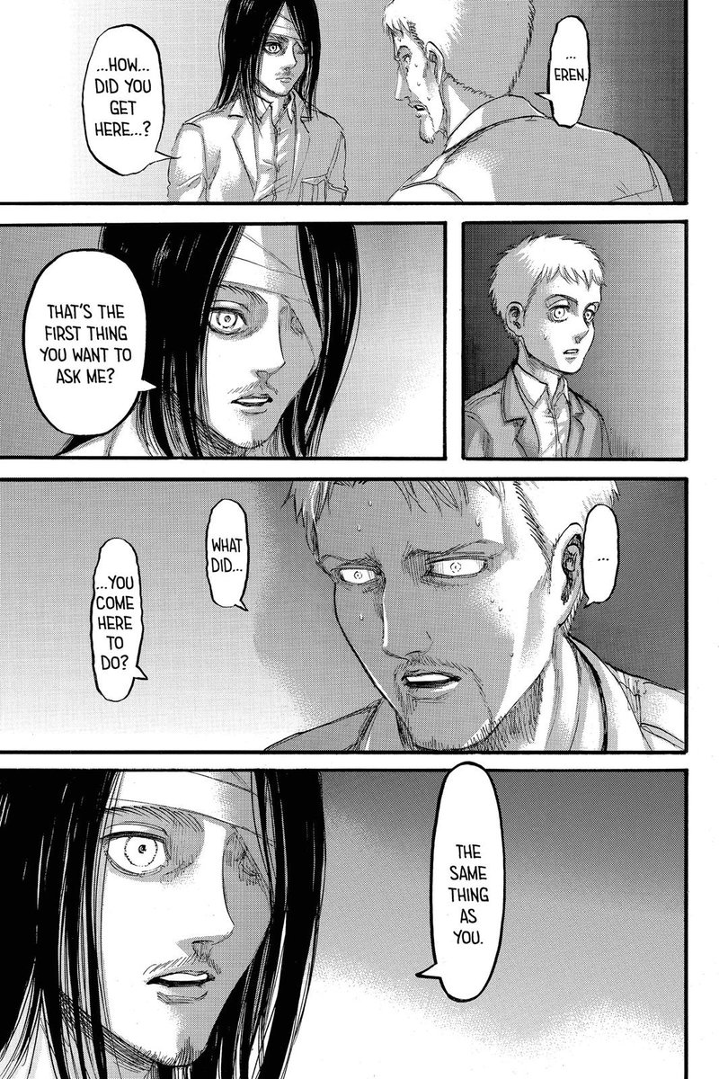 He knows he's no better than everyone else, that's why he tells Reiner "I'm the same as you", but if he has to exterminate the threat to protect what he loves, and there is no escaping that cycle, he'll crush his "enemy" so thoroughly there will be nothing left to ever retaliate.