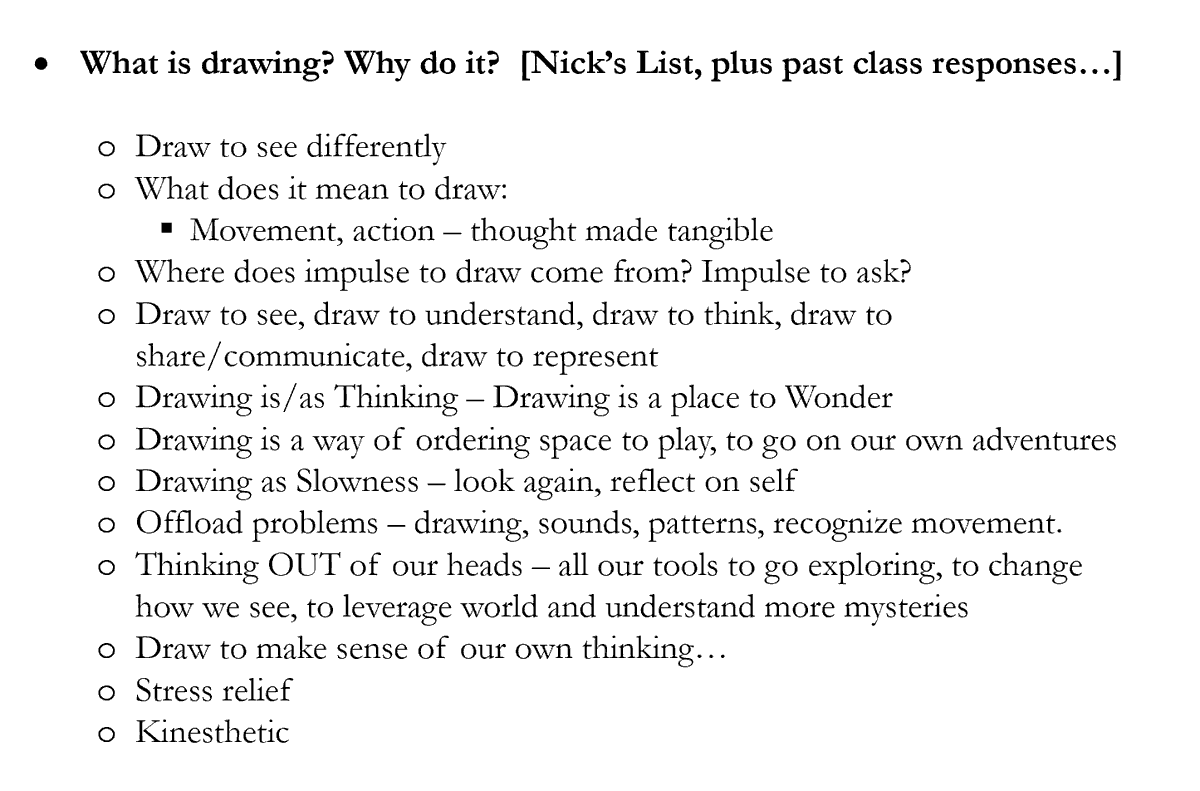 In my Visual Comm class today, as part of our exploration of Drawing as Thinking, i asked Ss to reflect on What is Drawing/Why Draw? I was struck (but not surprised) that not one mentioned skill - all imagination, expression, thinking, stress relief, etc. Some responses + my list