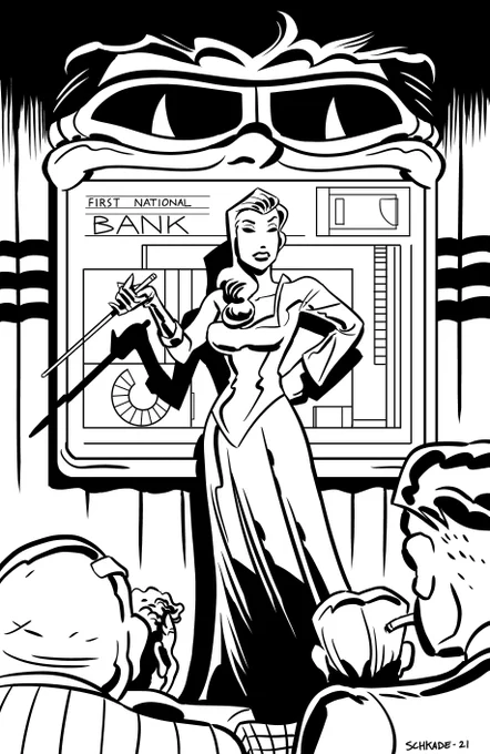 Inks! I wish I'd made Plas' striped "belt" wider so it disappears more into the overall design, although I'm pretty happy with his face. The goons originally had hats, but I realized not even these jerks would have their hats on in the presence of a lady. Not THIS lady, anyhow. 