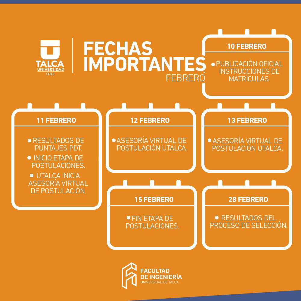 📌Te dejamos este calendario para que recuerdes las fechas importantes para tu postulación 2021.

🧐Recuerda que este 11 de febrero estarán los resultados de la PDT.
#𝐀𝐠é𝐧𝐝𝐚𝐥𝐨 😉
#𝐔𝐓𝐚𝐥𝐜𝐚𝐂𝐨𝐧𝐭𝐢𝐠𝐨 
#𝐔𝐓𝐚𝐥𝐜𝐚 
#𝐀𝐝𝐦𝐢𝐬𝐢ó𝐧𝟐𝟎𝟐𝟏