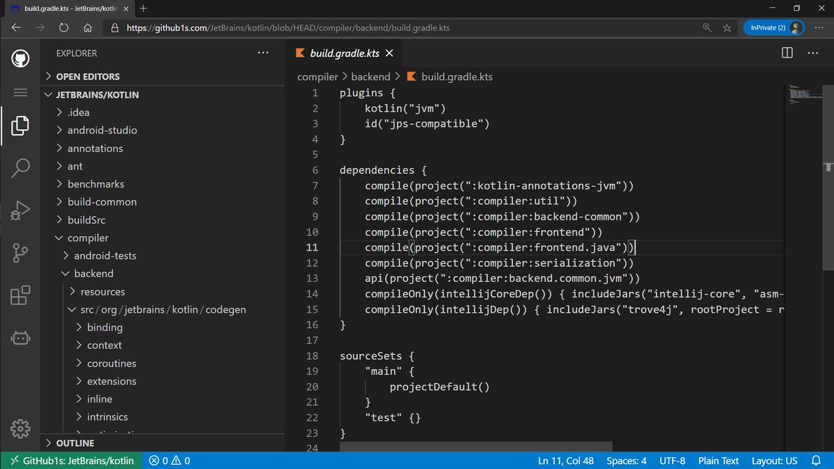 Explore GitHub source code right on the "web" version of VSCode simply by adding `1s` after `github` in the URL,

For example github1s.com/JetBrains/kotl…
(Notice 1s after github)

#programming