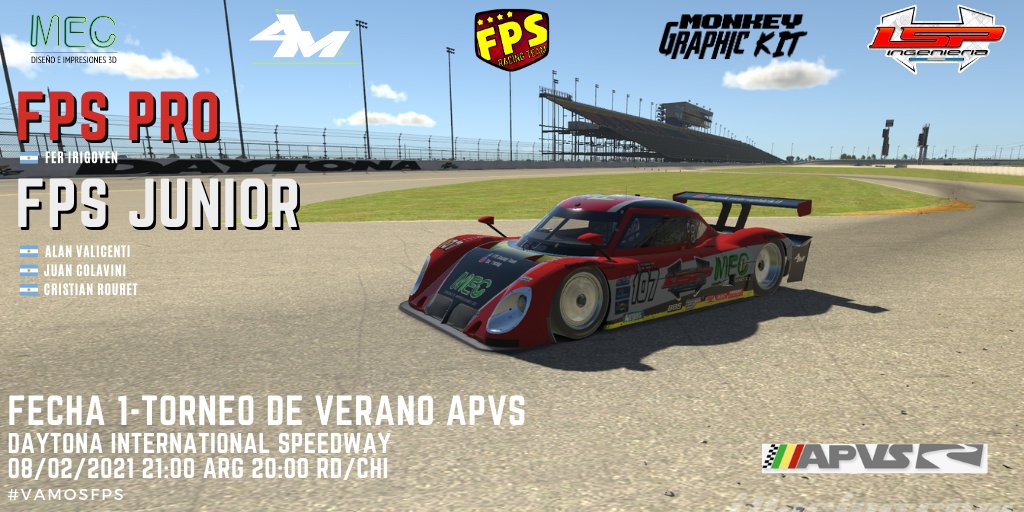 🏁RACE DAY🏁
Hoy empieza el torneo de Verano de <a href="/apvsud/">APVS</a>.

Fecha 1:
 🇺🇸 Daytona 
📺 twitch.tv/fernandoirigoy…
Suerte a nuestros Pilotos:
<a href="/alitomv/">Alan Valicenti</a> 
<a href="/crouret/">Cristian Rouret INJ🔥</a> 
<a href="/jac_013/">Juan Colavini</a> 
#FerIrigoyen

Sponsors:

#Mec3D
#LSPIngeniería
#MGKit
#AMePhoto
