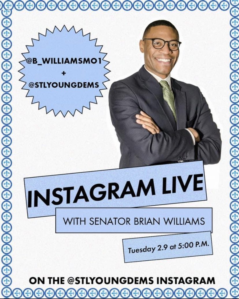 📅 Tuesday night at 5 📅 

Join us on Instagram Live as we talk to state senator @BrianWilliamsMO about where #SB60 currently stands and what you can do to help this police reform bill pass. #moleg