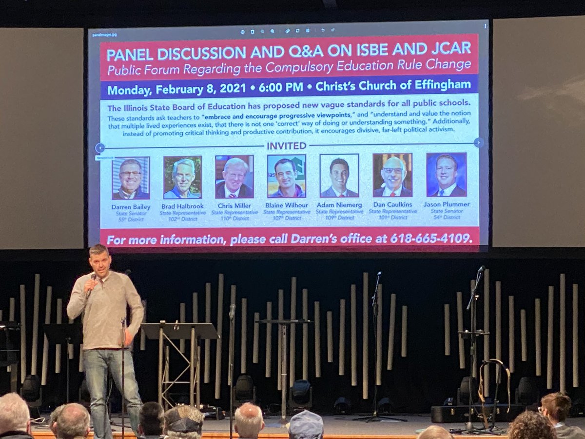 Seven Illinois Republicans are holding a town hall at Christ’s Church in Effingham to oppose ISBE’s proposed rules. The sign says the rules would ask teachers to “embrace and encourage progressive viewpoints” and “divisive, far-left politics.”