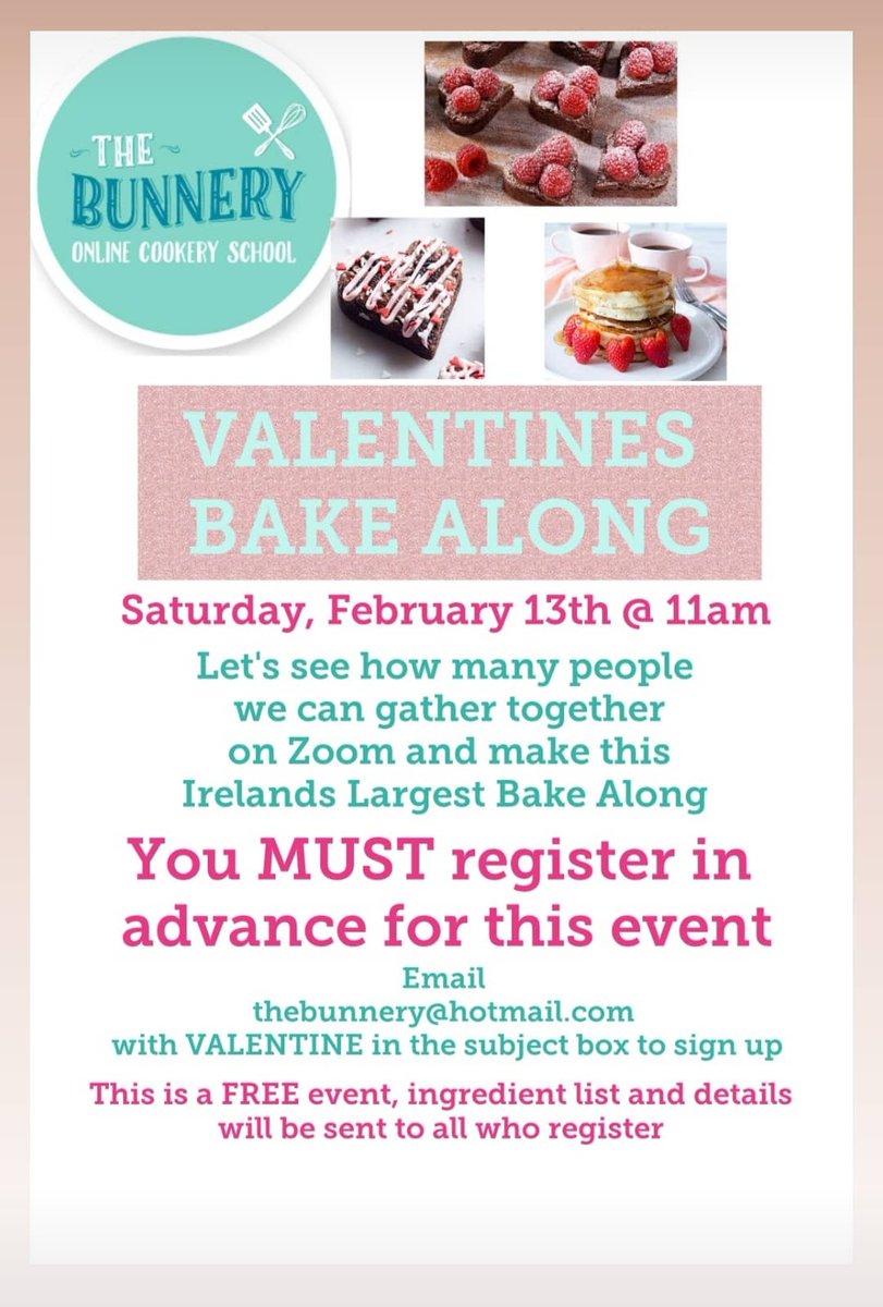 BunneryThe's tweet photo. Fancy a bit of Valentines baking with the kids? Or even better, let them learn to bake some treats for you! We have nearly 800 registered already, this is going to be one monster Zoom call..can't wait, still some spaces, registration details below #valentinesbakealong https://t.co/2I9lMqHhOh