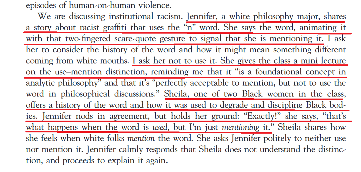 11/There is an academic a paper by Allison Bailey that uses and example almost exactly like this. Her example is a white student discussing the n-word in class when she does, a black student is hurt. The white student the says the *mentioned* the word, she did not use it.