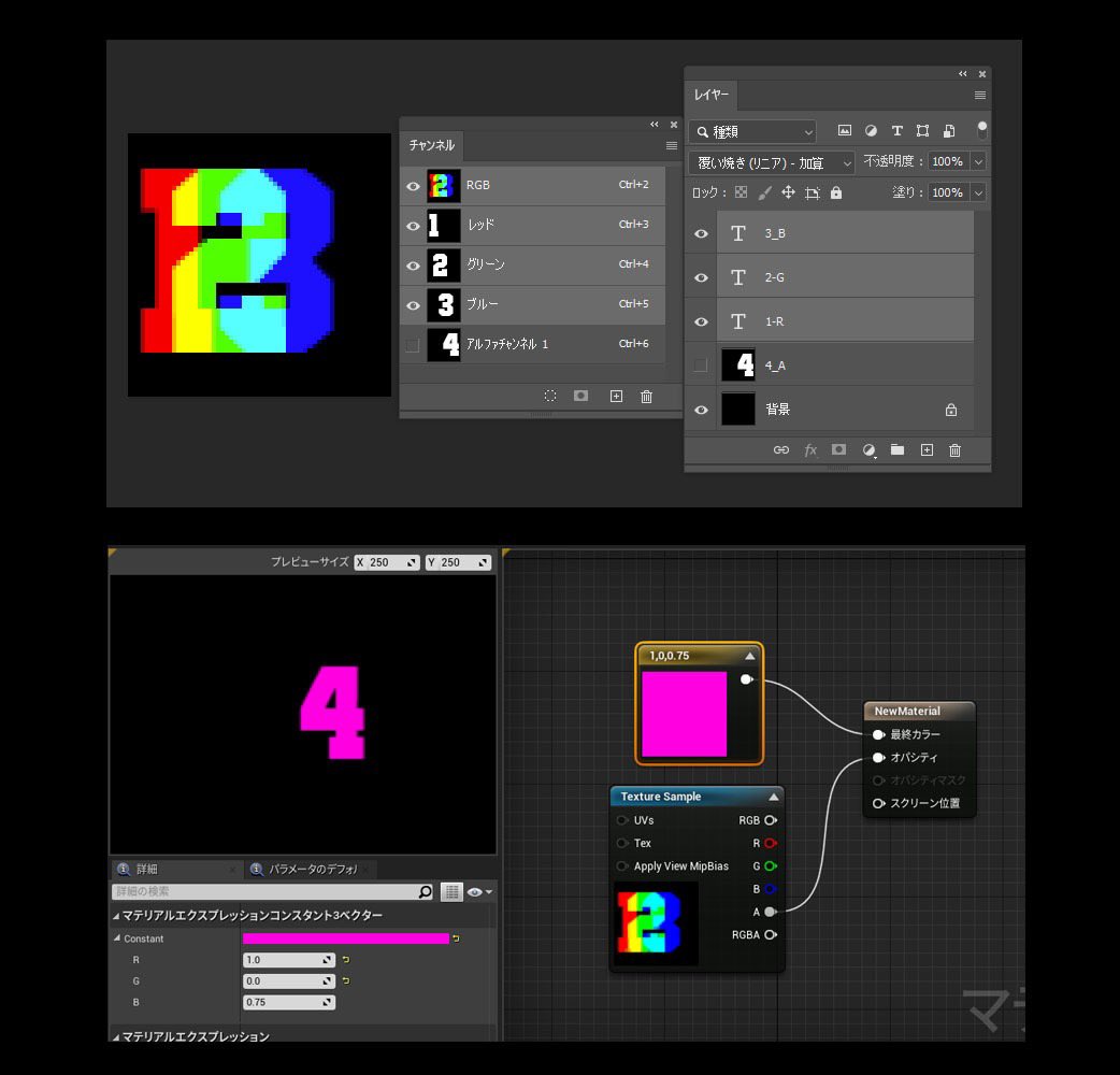 ui_design_game's tweet image. UE4環境のUIデザイナー用メモ
4枚の素材をバラバラに用意するより、1つのtgaデータで事が足りる件
・RGB+白黒素材を用意
・アルファチャンネルを追加、白黒素材コピペ
・レイヤー「覆い焼きリニア加算」
・チャンネルがうまくRGBAに分かれたらOK
・tgaで保存。32bit
・UE4で確認