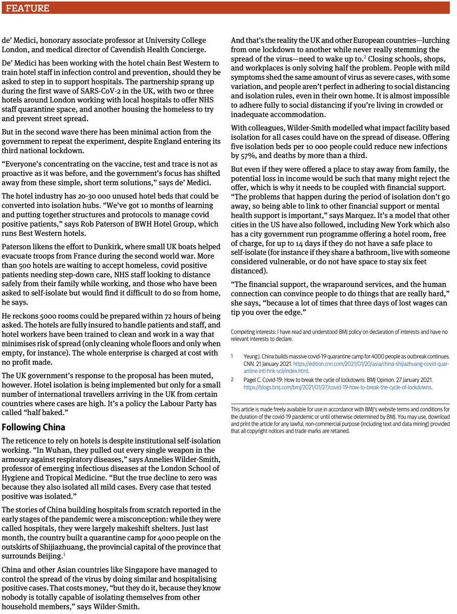 "The UK government’s response to the proposal has been muted, however. Hotel isolation is being implemented but only for a small number of international travellers arriving in the UK from certain countries where cases are high..."3/