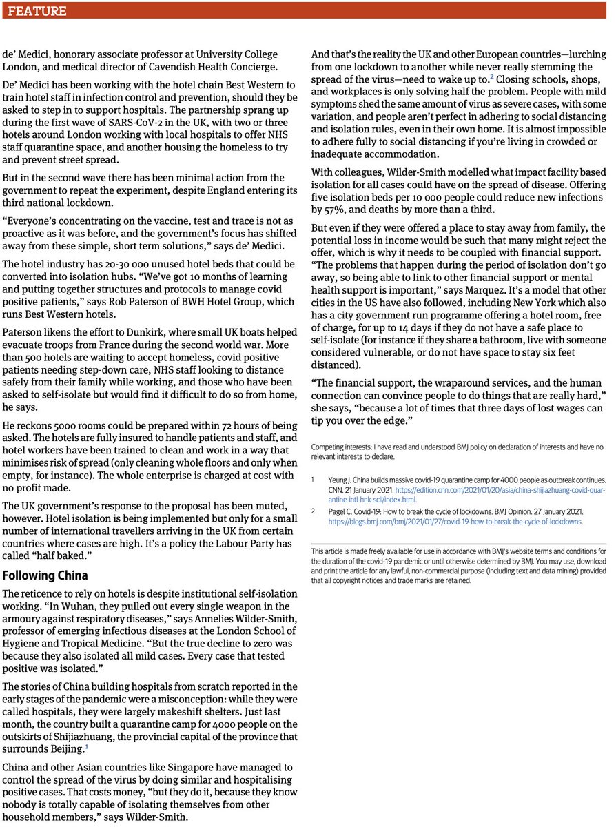 "The UK government’s response to the proposal has been muted, however. Hotel isolation is being implemented but only for a small number of international travellers arriving in the UK from certain countries where cases are high..."3/