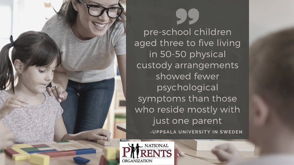 “Pre-school children living in 50-50 physical custody arrangements showed fewer psychological symptoms” #parentalalienation #sharedparenting #familylawreform #divorce  buff.ly/2q1r8lM