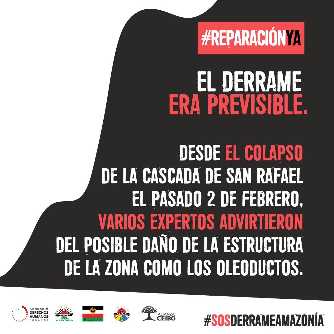 AcEcologica's tweet photo. A 10 meses del #SOSDerrameAmazonía, las familias siguen consumiendo agua contaminada y @CJ2Orellana sigue sin dictar #ReparaciónYA.
Esto nos deja un mensaje peligroso sobre la impunidad con la que operan empresas -@OCPEcuador @PetroecuadorEP- en complicidad con el Estado. https://t.co/TI2OR0By5J