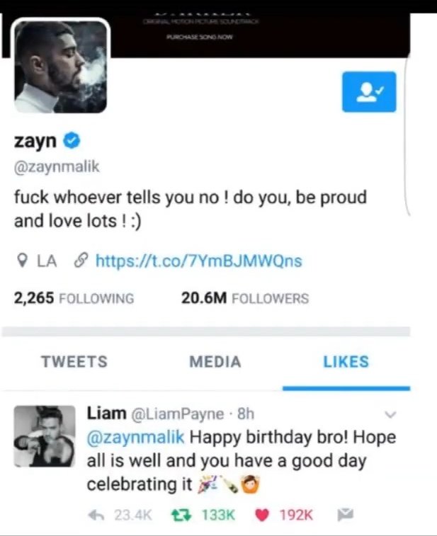 JANUARY 2017Liam greets Zayn in his birthday/ Zayn favorites the tweet.FEBRUARY 2017One direction Wins a Brit. And Liam shows up with a jacket with 25 on it.