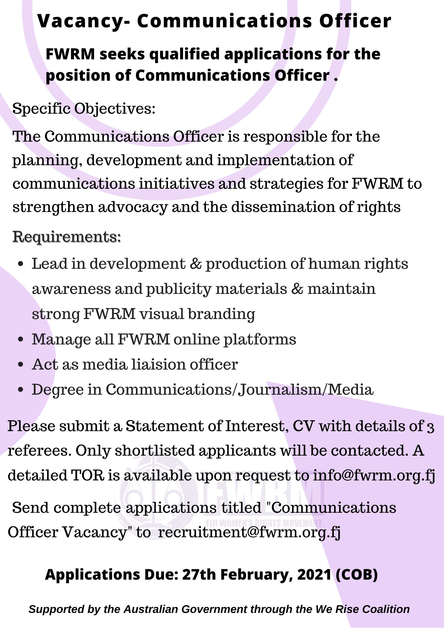 Fiji Women S Rights Movement A Twitter We Are Looking For A Communications Officer Full Tor Also On Website Here T Co Eqtftr8icx If You Think You Have What It Takes Apply By Cob 27th