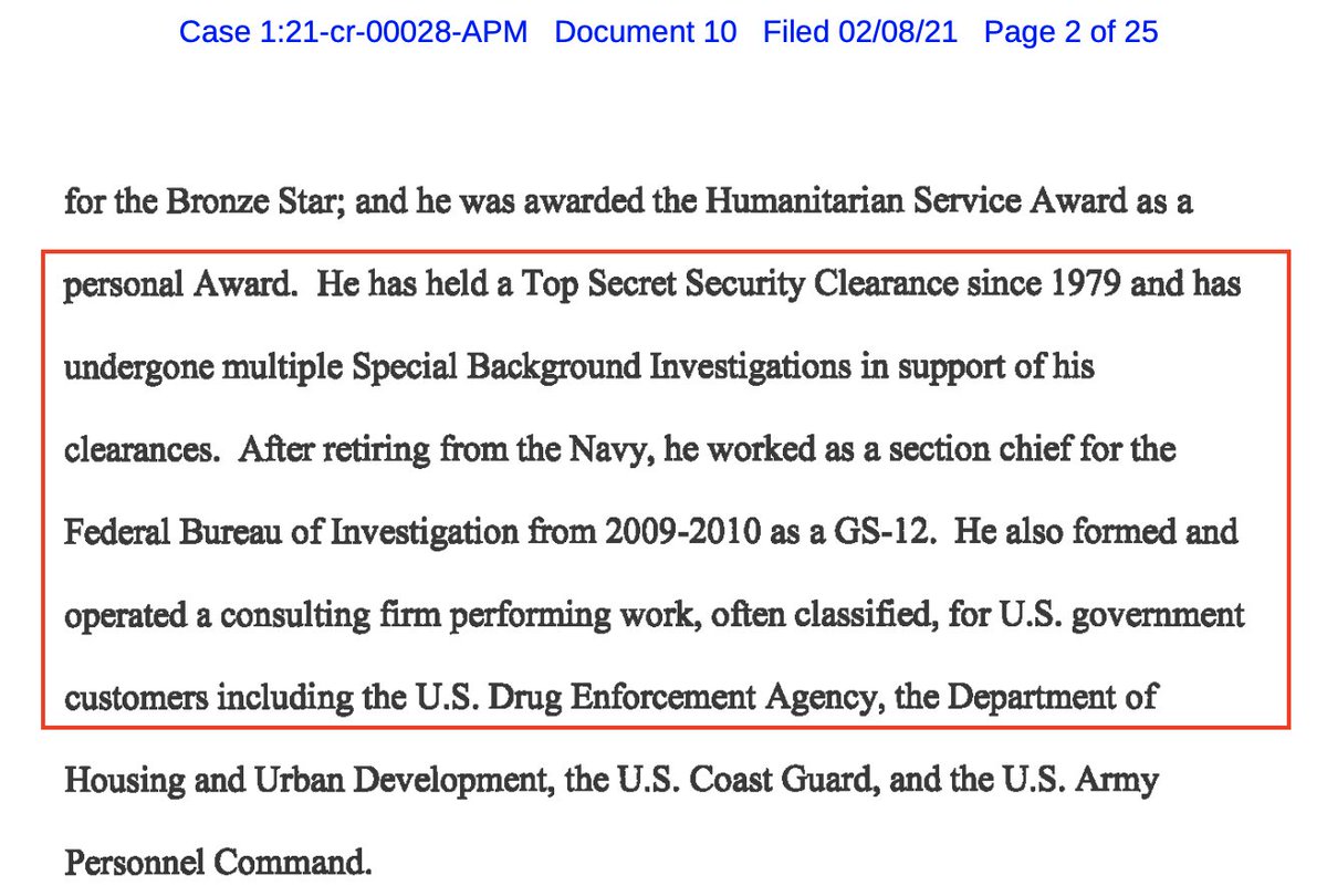 WOW: Thomas Caldwell, one of the  #Oathkeepers indicted for conspiracy:- Top Secret clearance since 1979 w/multiple SBIs-  @FBI section chief as GS-12 ('09-'10)- Regular classified work for  @DEA  @USArmy etc.Per his motion for release.h/t  @alanfeuer (a worthwhile follow!)  https://twitter.com/jsrailton/status/1354818423566462978
