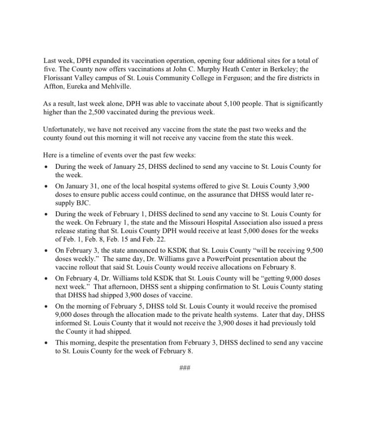 .@SaintLouCo continues to be uncertain when and whether it will receive vaccine doses. This makes it incredibly difficult to plan a distribution network and effectively communicate with those who have signed up and are anxiously awaiting an appointment.