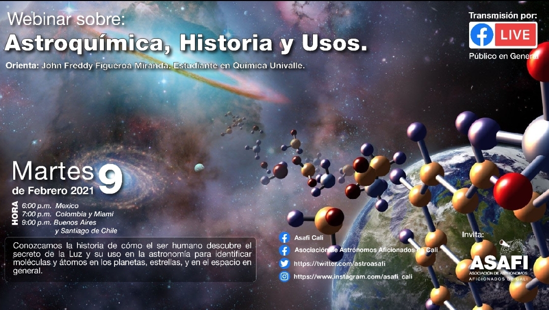 AstroASAFI's tweet photo. "#Astroquímica: Historia y Usos" 🧪🪐☄️

#Webinar de mañana martes 9 de febrero a las 7 p.m. hora #Colombia a cargo de @panalette
  
Enlace: https://t.co/n96xLe85nF

Más eventos en https://t.co/dOpjBbJdVZ

#Astronomía
#FacebookLive #Live #Online #EnLínea https://t.co/BTQSeiw3C1