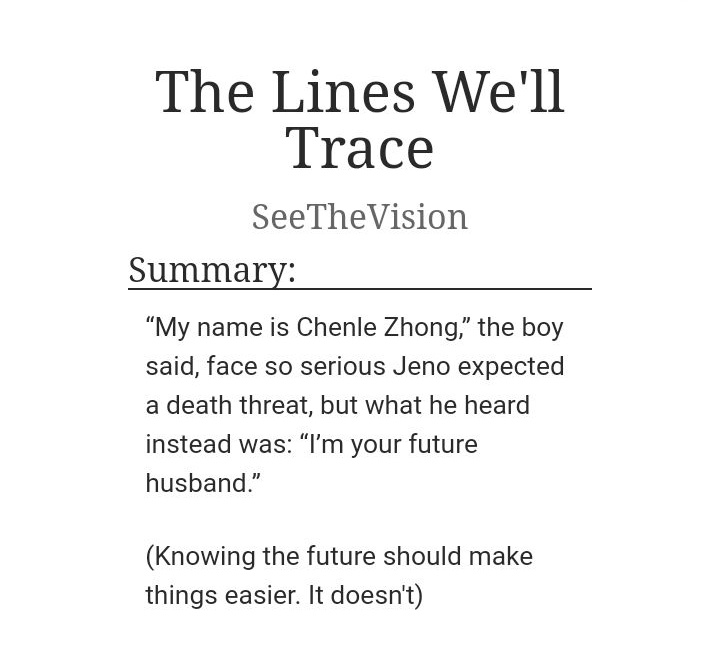 The Lines We'll Trace
• jenle
• 13.5k
• superpowers + highschool au
• written for <a href="/chenjiand00/">Chenji + '00 | REST</a> 
archiveofourown.org/works/28908201
