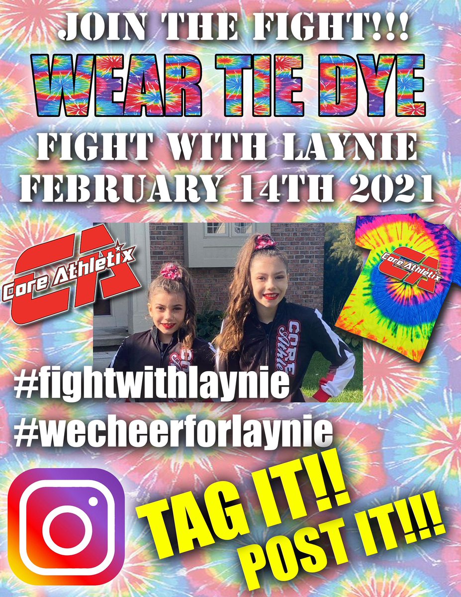 beeeems_'s tweet image. Laynie is an 8 yr old cheerleader at @CoreAthletix who was recently diagnosed with a childhood cancer, Rhabdomyosarcoma. We are asking for the cheer community to come together this Sunday for Laynie by wearing tie dye, her favorite ❤️🖤 Please spread the word!