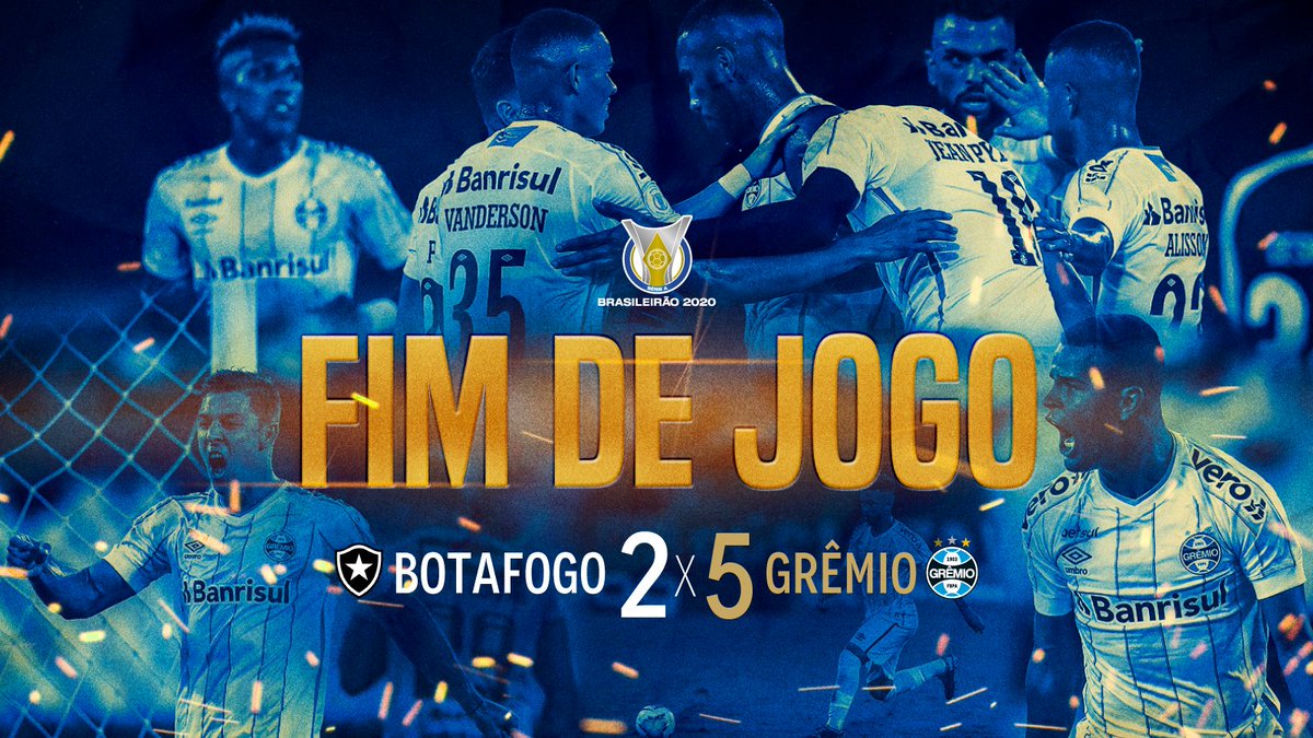 Gremio's tweet photo. ACABOU: Botafogo 2x5 #Grêmio

UMA BOA SEGUNDA A TODOS! Com gols de Alisson, Jean Pyerre, Churin e Matheus Henrique duas vezes, vencemos no Rio de Janeiro e somamos 3 pontos! No domingo, 14/02, enfrentaremos o São Paulo, na Arena.

💪🏽⚽🇪🇪 #BOTxGRE #Brasileirão2020 #VamosTricolor https://t.co/neNzZ1vVfC