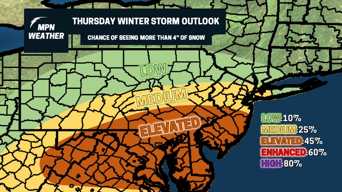 MPNWeather's tweet image. Early look at Thursday's winter storm threat. Too early for amounts, so just highlighting the areas most at risk as of right now. This can and probably will change