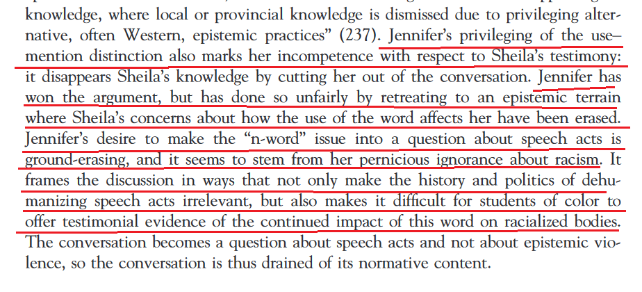 14/She finishes up by arguing that appealing to the use/mention distinction is a form of pernicious ignorance about racism, it is to win the debate by appealing to a distinction in linguistics, rather then by focusing on the feelings of the person who was offended: