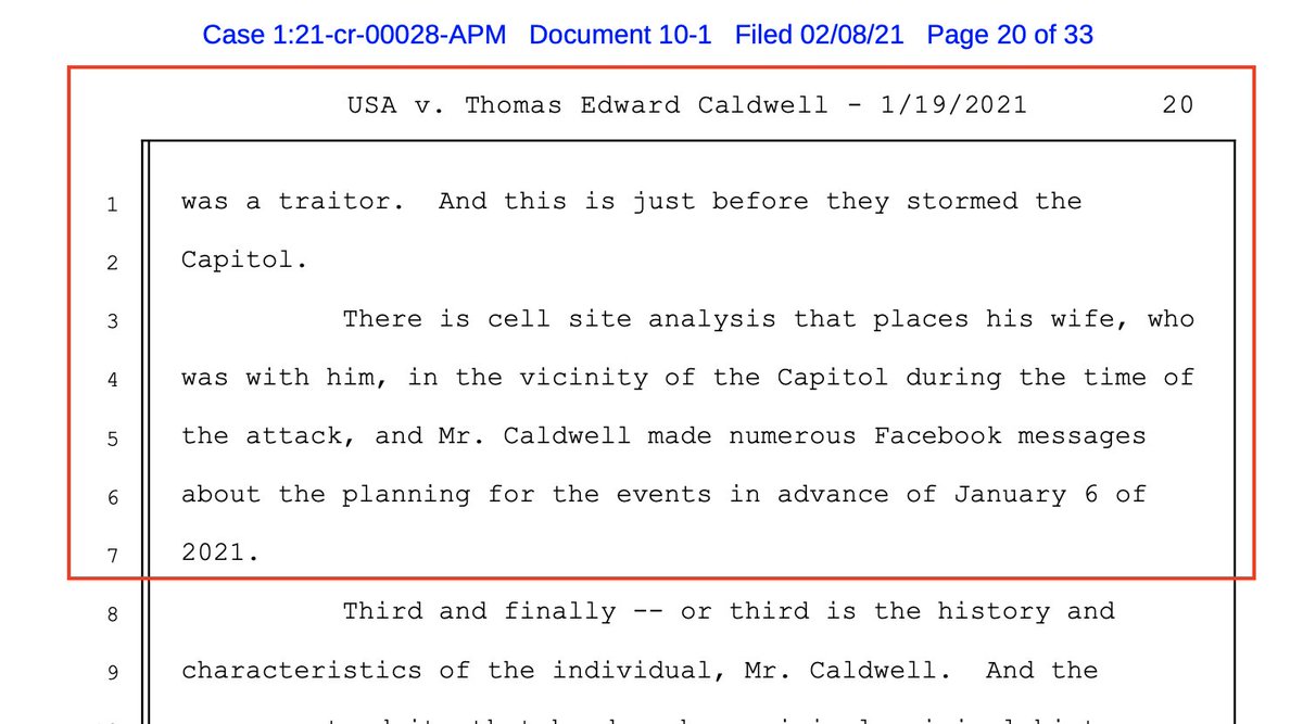 The transcript is interesting. Gov alludes to some lines of evidence.- Footage of Caldwell outside Capitol, saying all inside are traitors- Facebook messages w/advance planning & admissions- Cellular location data placing wife, who accompanied him, in  #Capitol vicinity.