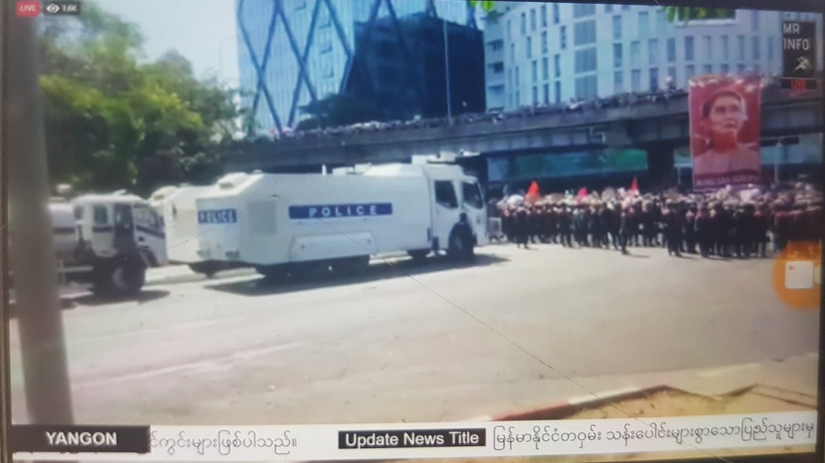 #Myanmar #Yangon now with several water cannon trucks ready to deploy as protesters continue to gather to oppose #military government.  #WhatIsHappeningInMyanmar