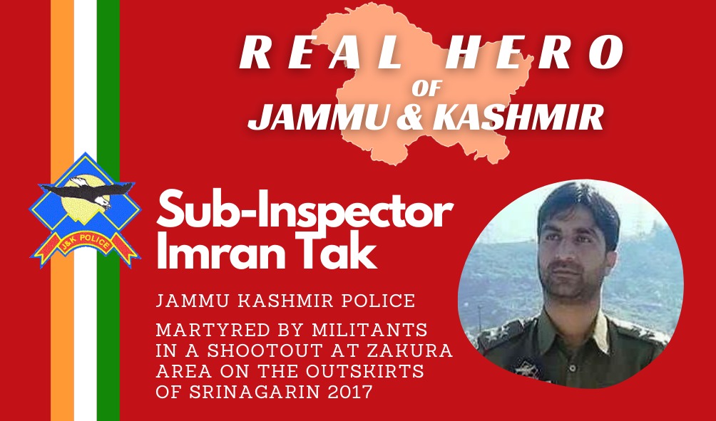 They faced death valiantly so that we can have a peaceful n happy lifeSub-inspector Imran Tak, police officer immortalized himself in a shootout with terrorisrs at Zakura area on the outskirts of Srinagar in 2017 He is the  #RealHeroOfJK @JmuKmrPolice