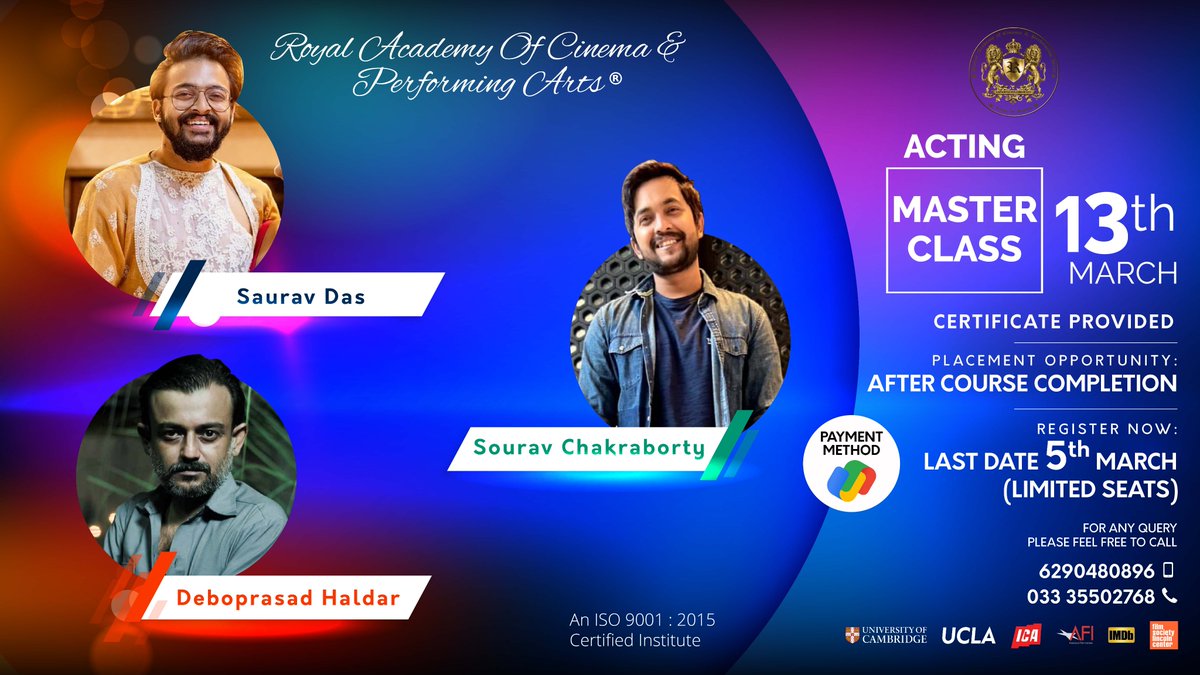 racpaedu's tweet photo. The greatest Acting Master Class in Kolkata with the Sensational faces of the Bengali Film Industry-
SOURAV CHAKRABORTY
Deboprasad Haldar
 and with the King of Web Series - SAURAV DAS. 
Seats are filling up faster, Register Today.
#acting #actingclasses #actingworkshop https://t.co/gxTdlIVK1W