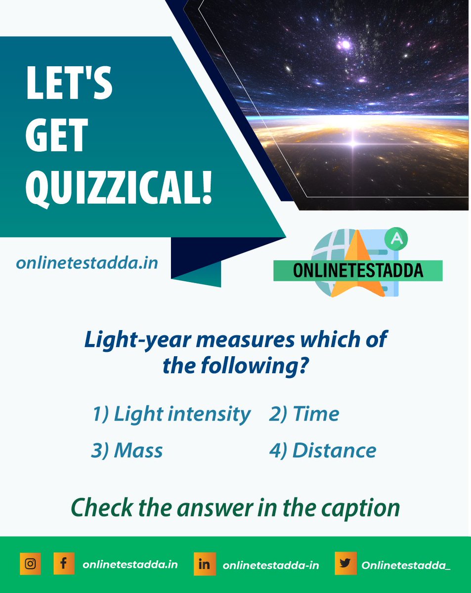 Onlinetestadda_'s tweet image. Ans- Distance

#competitive #govenmentjobs #space #lightyears
#currentaffairs #gk #knowledge #jobs #governmentjobs #ssc #dailytest#onlinetestadda #onlinetestindia #onlinetests #online #tests #testseries #preperation #competitiveexams #onlintetest #onlinetestadda