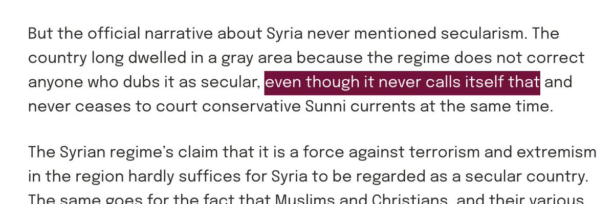 It's not true that Syrian officials never use the term "secular" domestically, as the article suggests, or that they never refer to the Syrian state as "secular."2/9