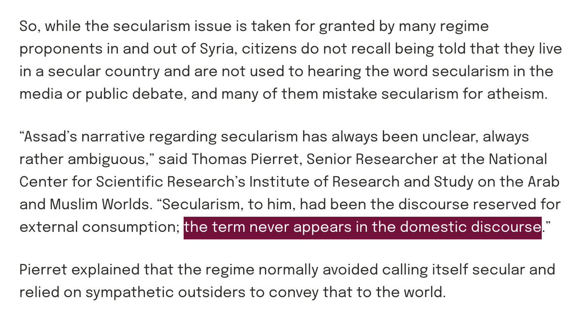 It's not true that Syrian officials never use the term "secular" domestically, as the article suggests, or that they never refer to the Syrian state as "secular."2/9