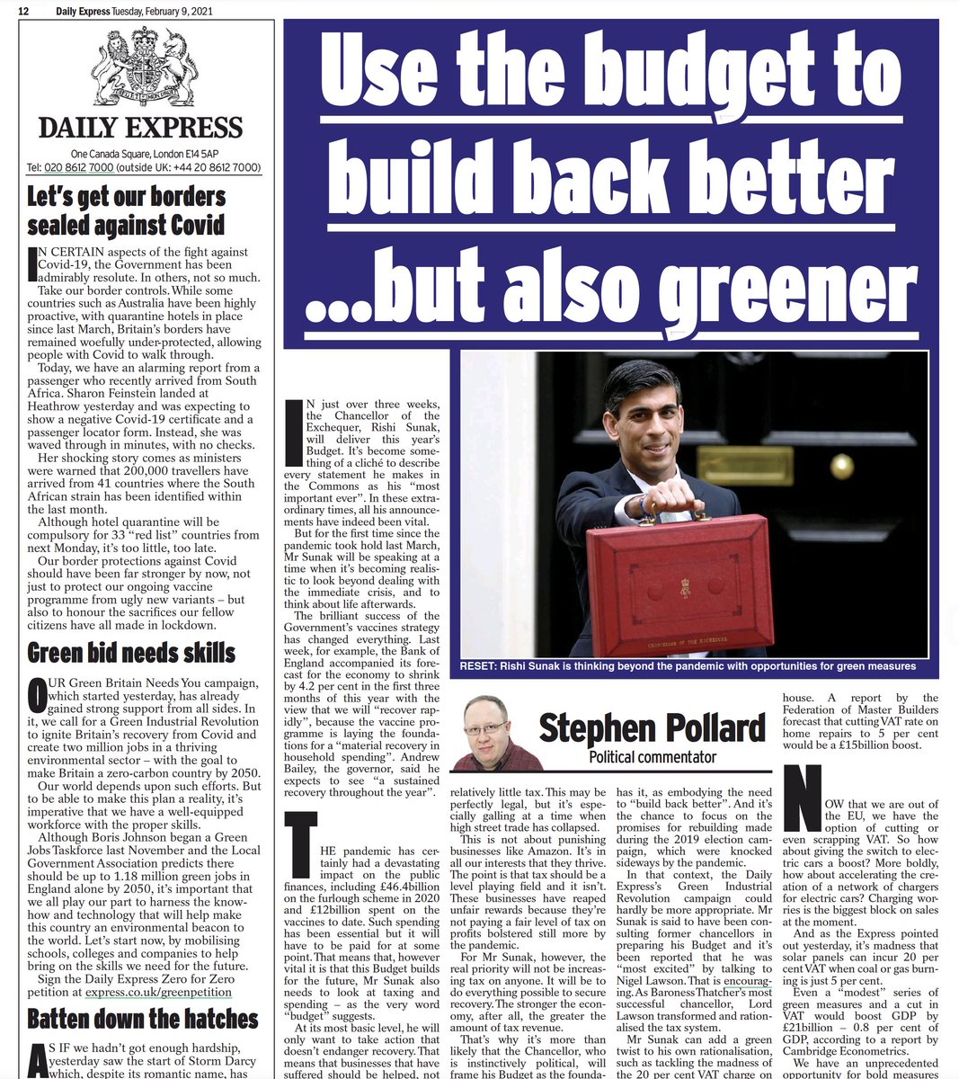 And Day Two also includes another op-ed page, with both an editorial and a columnist (Stephen Pollard, who not longer ago used to regularly rage against the "green obsession")
