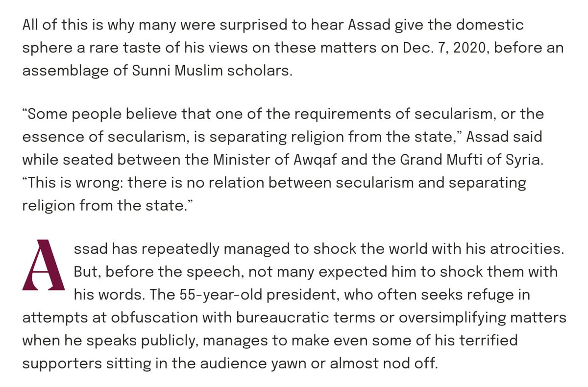 President Bashar al-Assad's December 7 address at the Endowments Ministry introduced new themes, including his denunciation of "neoliberalism" – oblique ideas that many Syrians to have found inaccessible and confusing.What was not new, though, was his take on "secularism."4/9