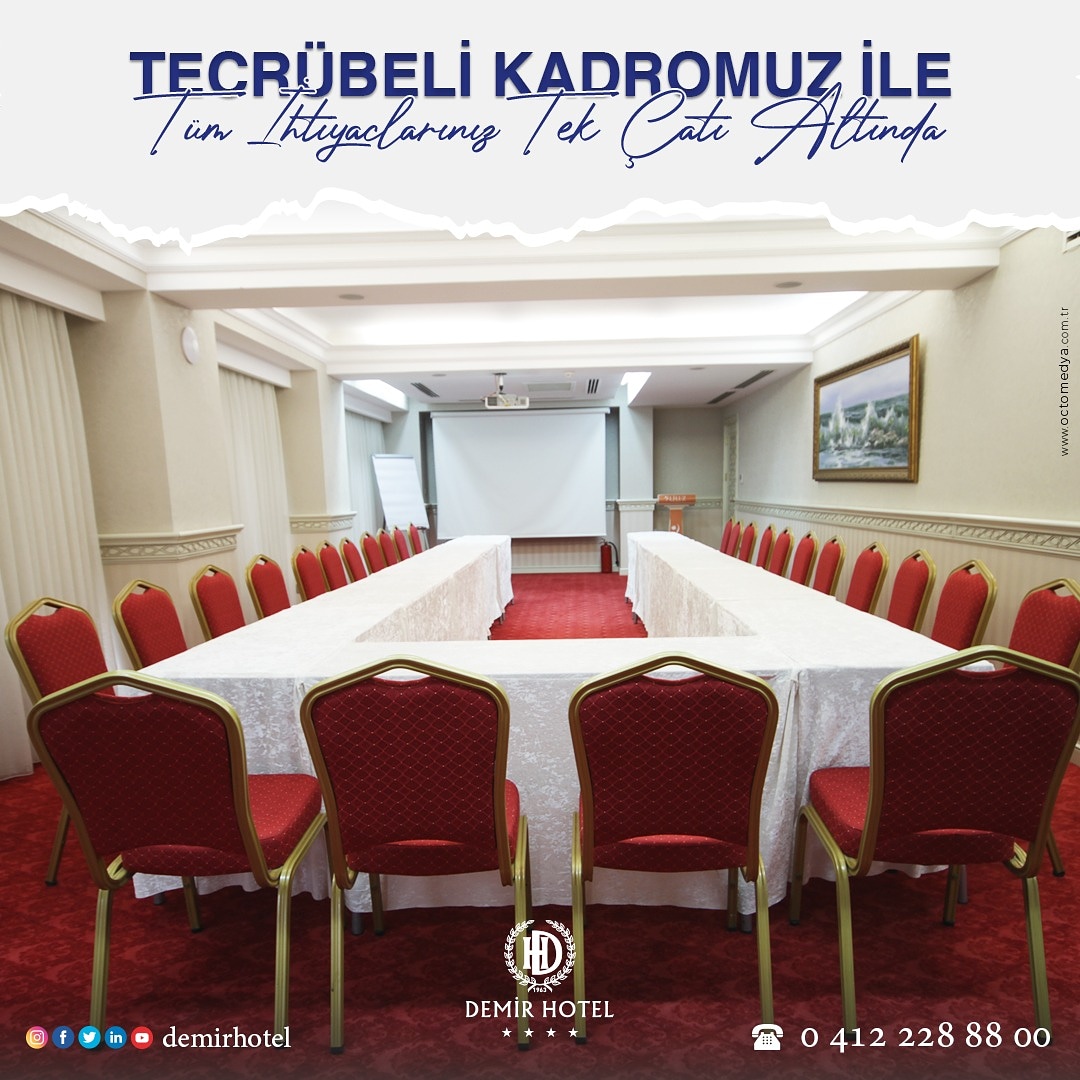 Toplam'da 650 Kişi kapasiteli 3 ayrı toplantı salonuna sahip olan Demir Hotel, Tecrübeli kadrosu ile V.I.P toplantı salonlarından Balo salonlarına kadar çok farklı seçenekleri tercihinize sunar #demirhotel #diyarbakır #konaklama #hotel #1963tengünümüze #oteldiyarbakır #octomedya