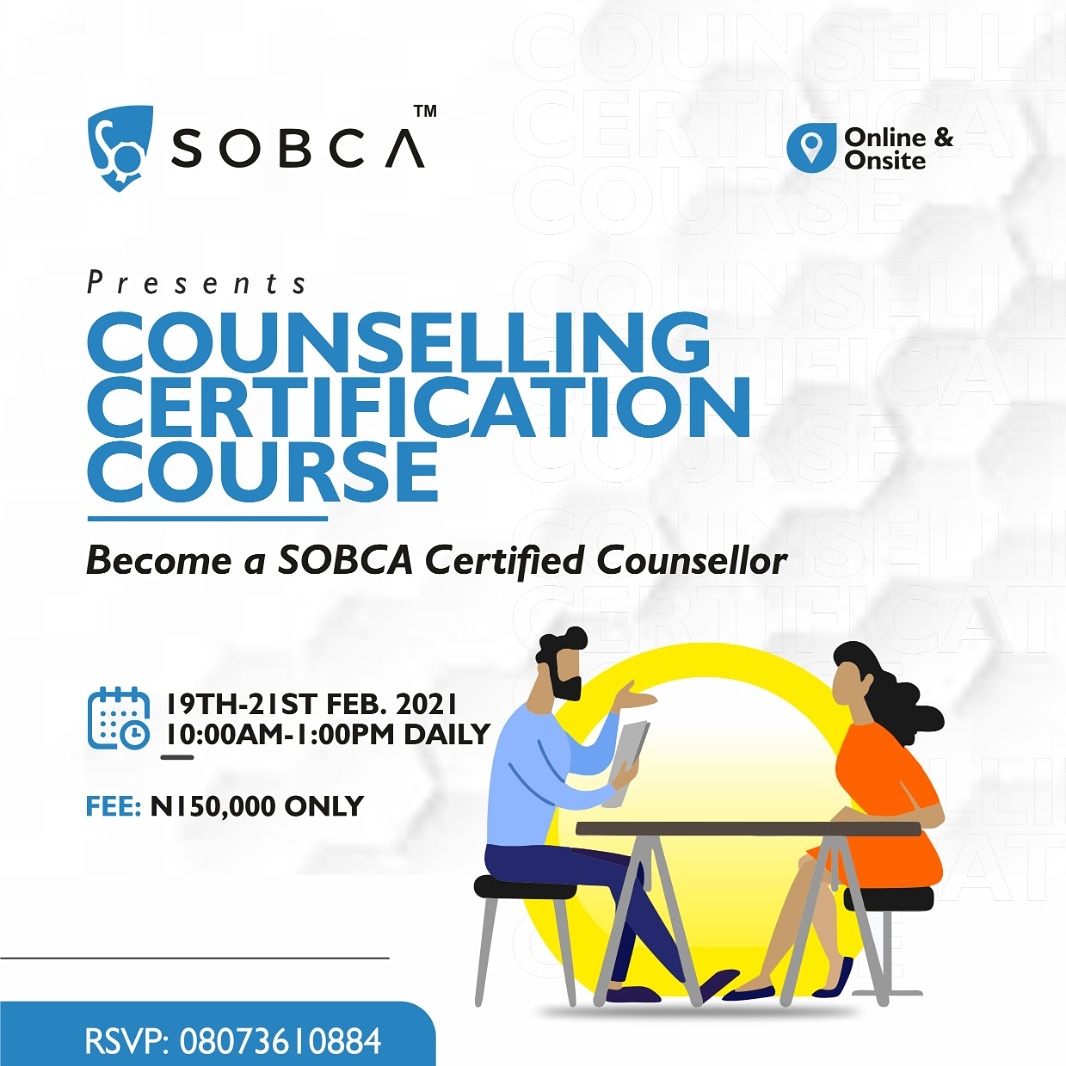 sobcaonline's tweet photo. THE VALUE OF ENCOURAGING WORDS CAN NOT BE OVEREMPHASIZED.

That's why;

SOBCA in partnership with ADI (Attitude Development International) brings to you COUNSELLING CERTIFICATION COURSE Level 1.

In this training participants will learn:

_ the foundation of counselling. https://t.co/MDZdsEFdUG