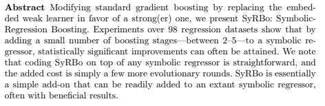 moshesipper's tweet image. Paper by @moorejh and myself accepted by Genetic Programming and Evolvable Machines: 
&quot;Symbolic-Regression Boosting&quot;

(kinda boosting &quot;trick&quot; for #symbolicregression...)
drive.google.com/file/d/13v9Ghs… 
@GPEMthejournal #MachineLearning #geneticprogramming #evolutionaryalgorithm #boosting