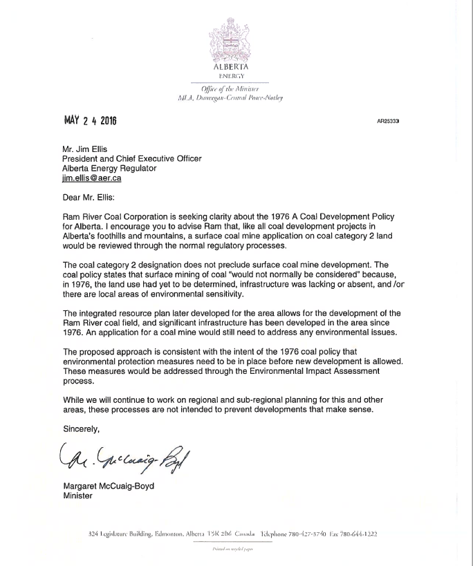 The UCP has also started circulating this 2016 letter from former NDP Energy Minister Marg McCuaig-Boyd, in which she encourages the AER to offer clarity to Ram River Coal Corporation about the intricacies of the coal policy.She notes that word "normally," in particular...
