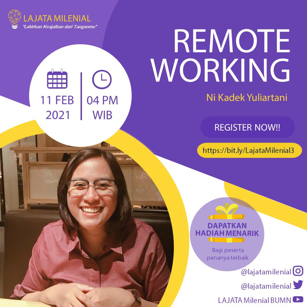 lajatamilenial's tweet photo. Halooo Sobat Milenial 

Masuk minggu kedua Februari nih..
Masih semangat kan ngadepin pandemi yang belum juga kelar 🙌🏻
Buat ngilangin kebosenanmu yuk join Webinar LAJATA Milenial Chapter 3 dengan tema "Remote Working" yang dibawakan oleh Kadek Yuliartani. https://t.co/sFUrjphovq