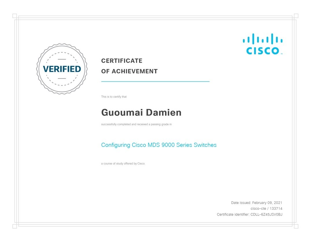 GuoumaiDamien's tweet photo. View my verified achievement from Cisco @ciscolearning.
#CiscoDC #MDS9000 #FCoE #FCIP #DCNM #RBAC #AAA #NPV #NPIV #IVR #PortChannel #VSANTrunking #Zoning #NX-API #POAP #Slow-drainAnalysis #secureboot https://t.co/Rx2lzZgIiA