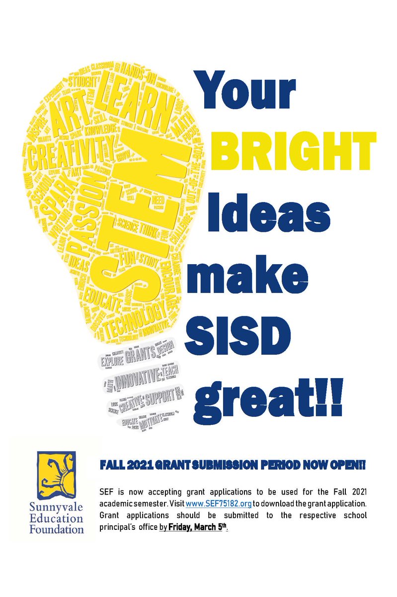 SEF75182's tweet image. TEACHERS: FALL 2021 GRANT SUBMISSION IS NOW OPEN!!!
All grant applications should be submitted to the respective school principal's office by Friday, March 5th. 
sef75182.org/grant-applicat…