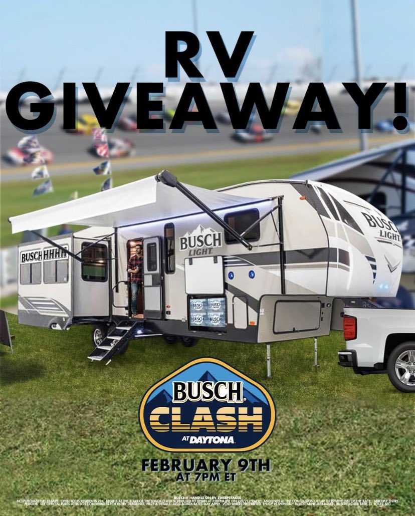 MarsalaBeverag1's tweet photo. 🏁BUSCH RV GIVEAWAY 🏁

Hand on car contest? More like hand on the Busch RV. Tweet using #HandOnRV and #BuschSweepstakes every 5 laps during the #BuschClash at Daytona International Speedway to be entered to win THE Busch RV. Tag #TheCrew you’d want to road trip with in this guy. https://t.co/iPyDOx6Gyl